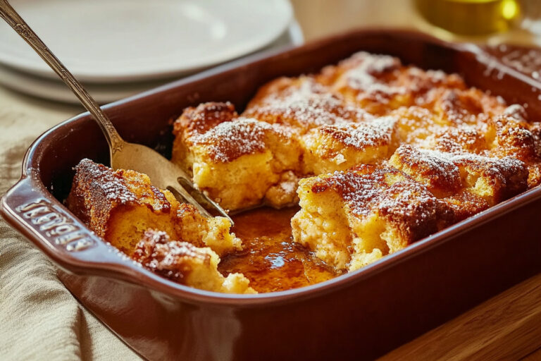 Slice of Brioche French Toast Casserole topped with powdered sugar and syrup.