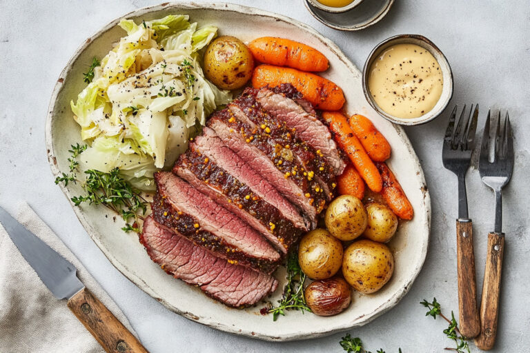 Plated corned beef with tender cabbage, carrots, and potatoes.