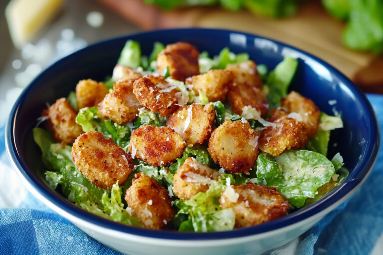 A crispy tater Caesar salad with golden, crispy potatoes, fresh greens, Parmesan cheese, and creamy Caesar dressing, served in a bowl.