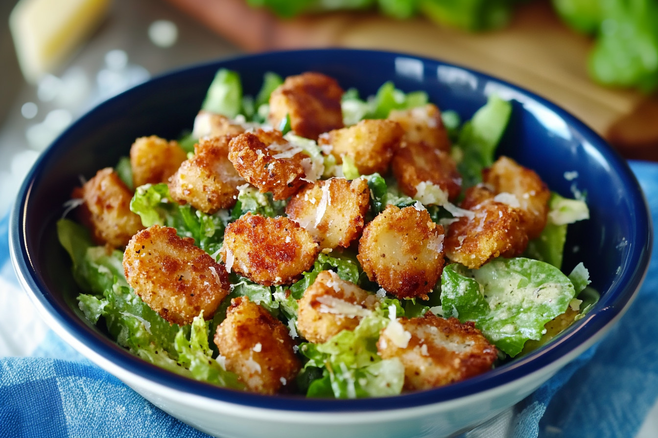 A crispy tater Caesar salad with golden, crispy potatoes, fresh greens, Parmesan cheese, and creamy Caesar dressing, served in a bowl.