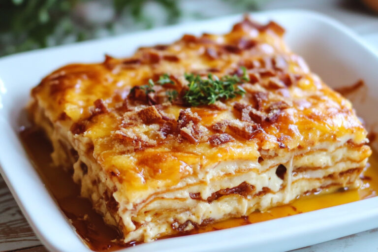 A golden-brown pancake casserole layered with fluffy pancakes, syrup, and fresh fruit, baked to perfection for a breakfast or brunch treat.
