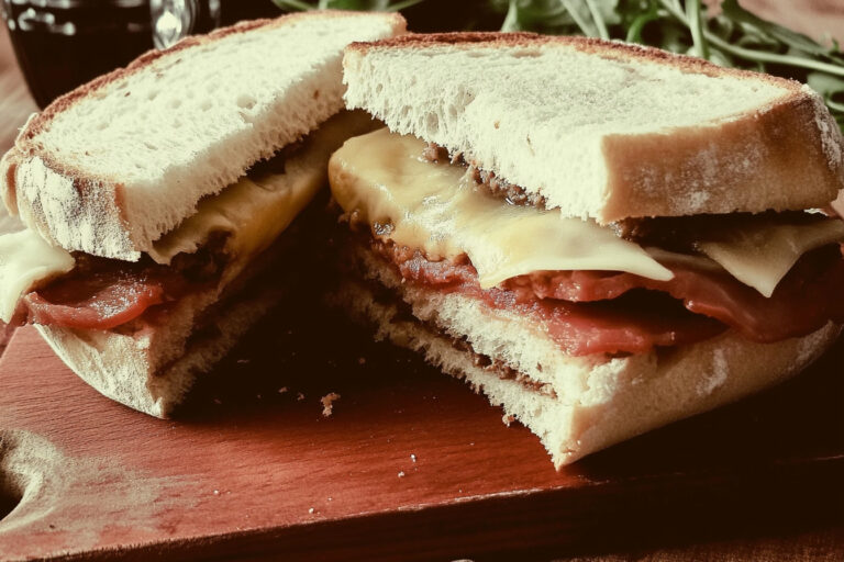 A hearty ploughman’s sandwich with fresh bread, cheese, cold cuts, pickles, and greens, perfect for a satisfying lunch.