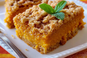 Moist pumpkin coffee cake topped with a shiny brown sugar glaze, served on a white plate with a fork.