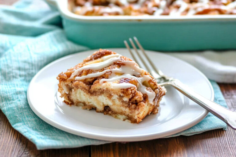 A golden-brown cinnamon roll casserole topped with a creamy glaze, served warm for a quick and indulgent breakfast or dessert.