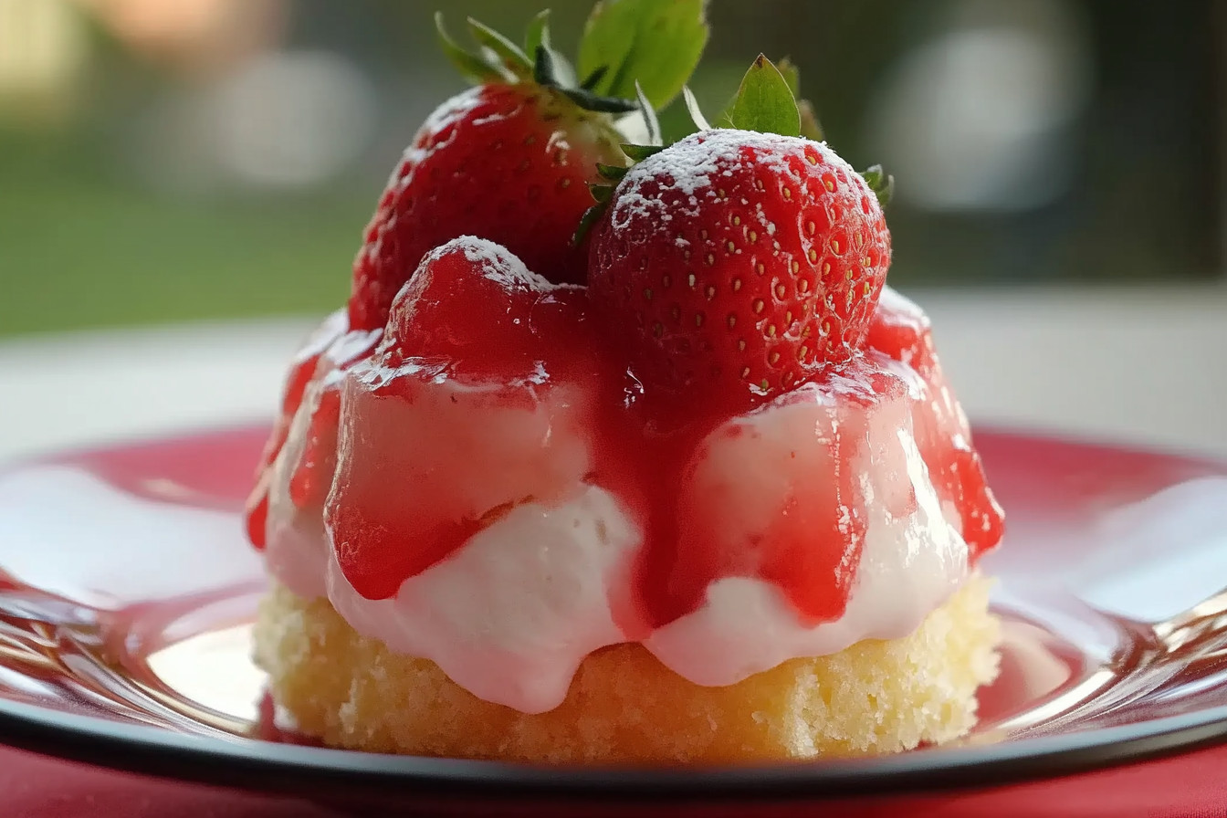 Layers of creamy filling and fresh strawberries on top of Twinkies for a delicious dessert.