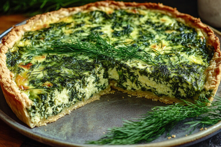 A golden-brown spinach and feta quiche with a flaky crust, perfect for brunch or a light meal.