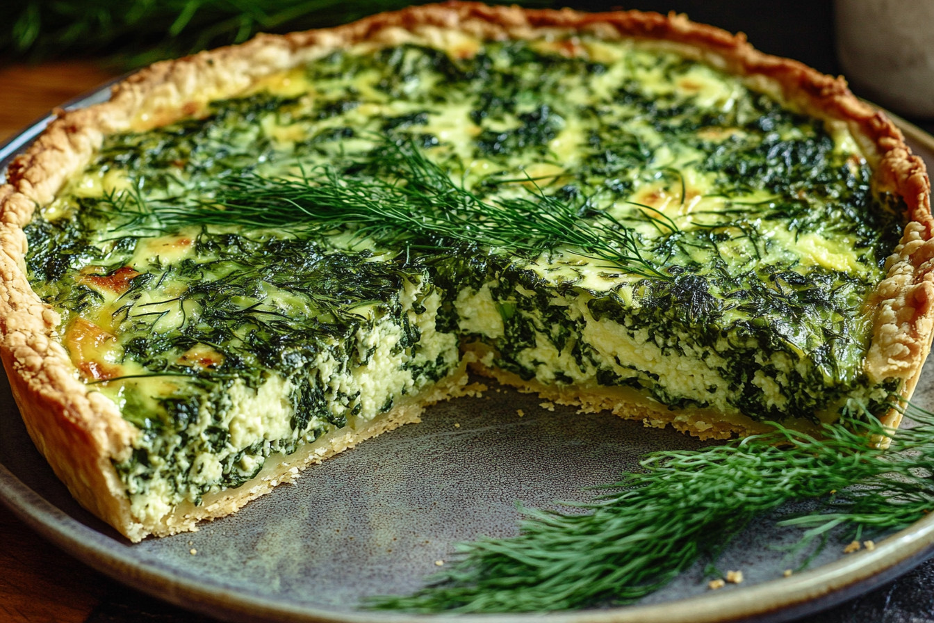 A golden-brown spinach and feta quiche with a flaky crust, perfect for brunch or a light meal.