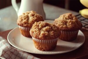 Banana crumb muffins with golden cinnamon topping, served on a rustic wooden tray.