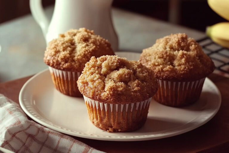 Banana crumb muffins with golden cinnamon topping, served on a rustic wooden tray.