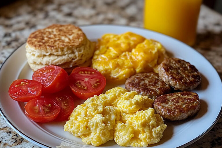 Plate of scrambled eggs, sausage patties, fluffy biscuits, and roasted tomatoes for a hearty breakfast.
