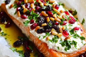 A beautifully baked salmon fillet garnished with fresh herbs, lemon slices, and pomegranate seeds, served on a festive platter.