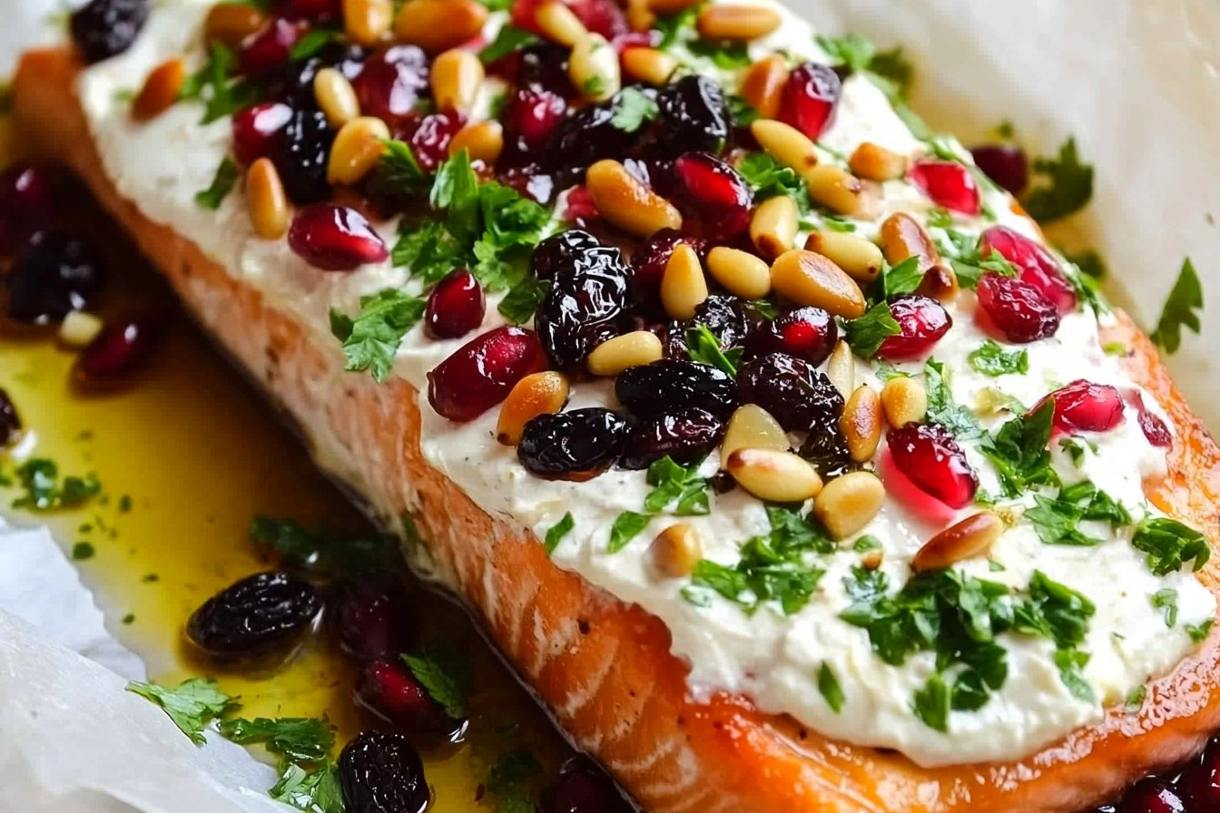 A beautifully baked salmon fillet garnished with fresh herbs, lemon slices, and pomegranate seeds, served on a festive platter.
