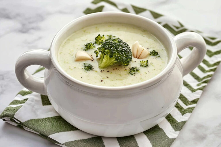 A bowl of creamy broccoli potato soup, topped with shredded cheese and fresh herbs, perfect for a comforting and cozy meal.