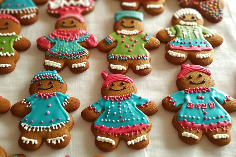 Classic gingerbread cookies shaped like gingerbread men, decorated with royal icing and colorful sprinkles, perfect for the holiday season.