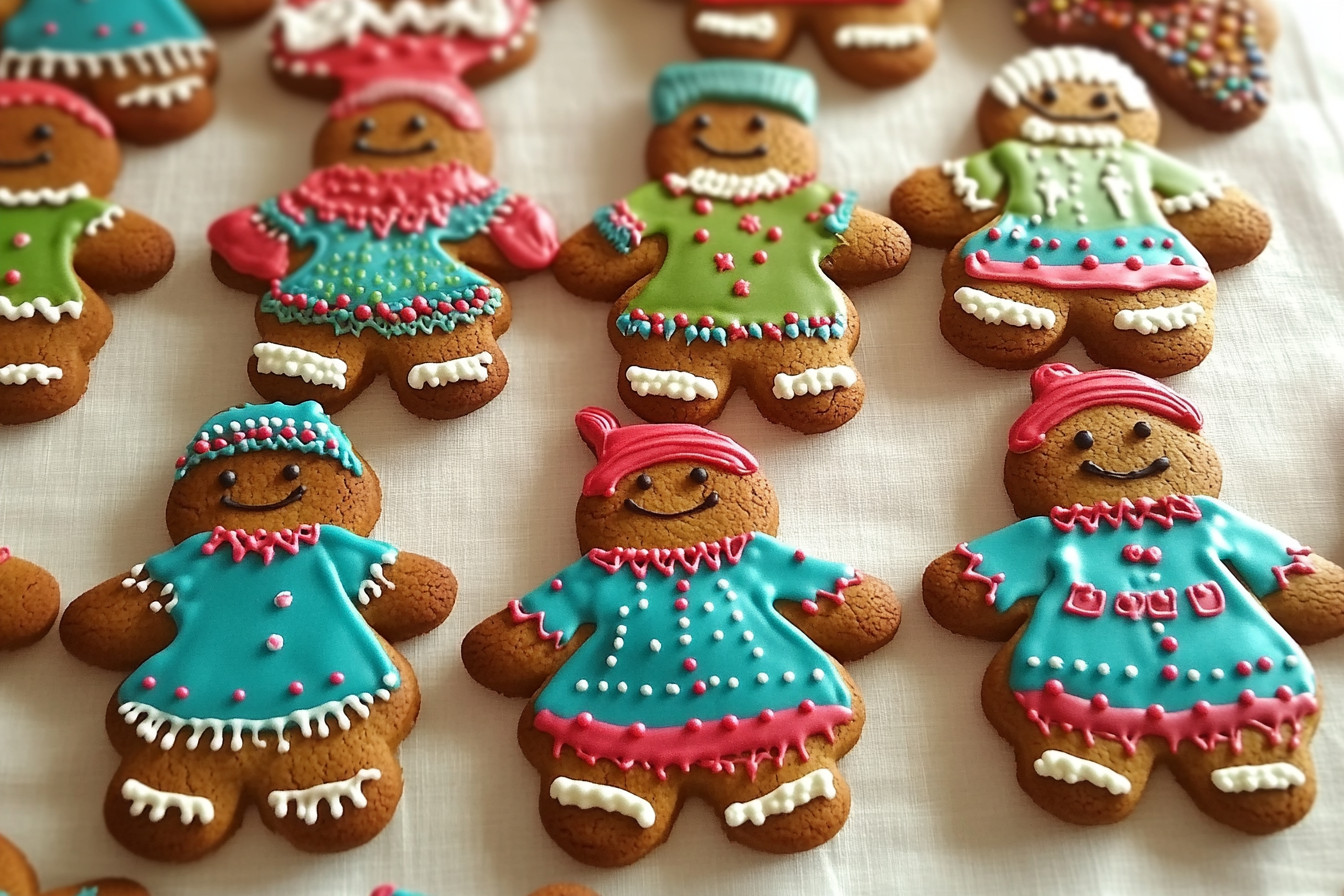 Classic gingerbread cookies shaped like gingerbread men, decorated with royal icing and colorful sprinkles, perfect for the holiday season.