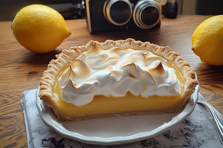 A classic lemon meringue pie with a golden crust, tangy lemon filling, and fluffy meringue topping, perfectly browned.
