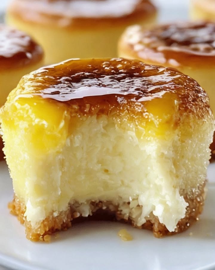 Mini crème brûlée cheesecakes with caramelized tops served on a white dessert plate.