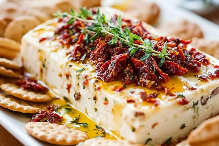 A delicious Italian cheese log coated with herbs and spices, served with crackers and fresh vegetables, perfect for a savory appetizer.