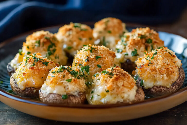 Golden-brown crab-stuffed mushrooms topped with breadcrumbs and herbs, served on a white platter, perfect for appetizers or party snacks.