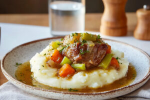 A tender beef pot roast served with carrots, potatoes, and a rich gravy, perfect for a comforting and hearty meal.