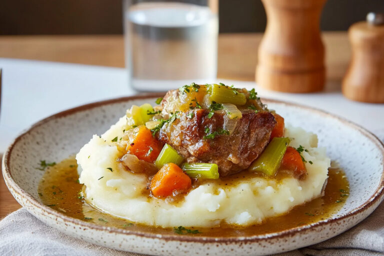 A tender beef pot roast served with carrots, potatoes, and a rich gravy, perfect for a comforting and hearty meal.