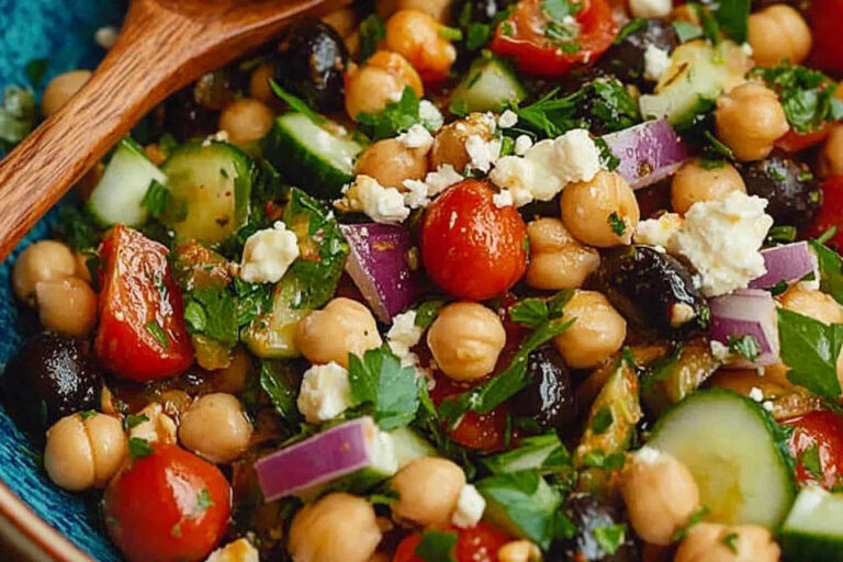 A vibrant chopped chickpea salad with fresh vegetables, herbs, and a light dressing, perfect for a healthy and refreshing meal.