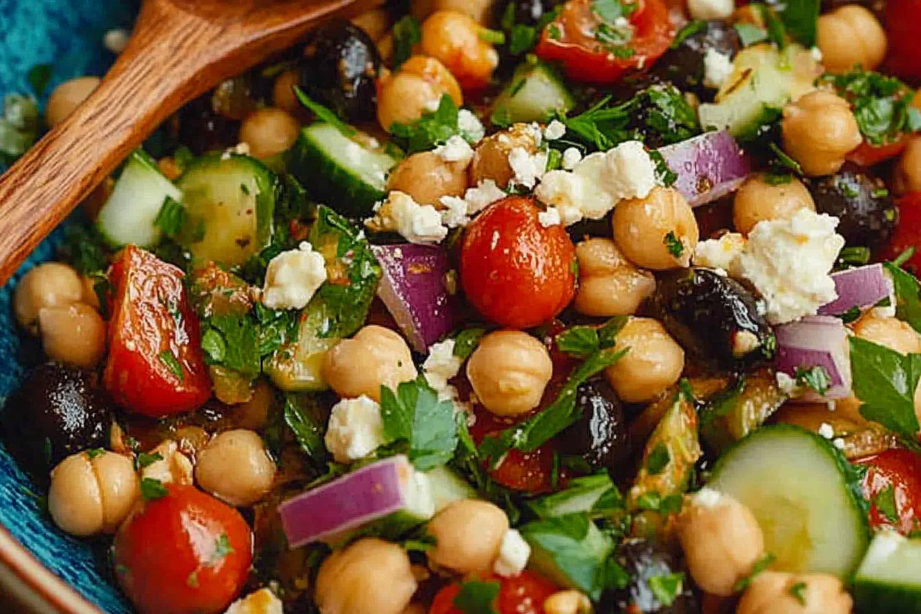 A vibrant chopped chickpea salad with fresh vegetables, herbs, and a light dressing, perfect for a healthy and refreshing meal.