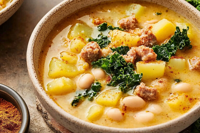A bowl of creamy Tuscan soup with kale, sausage, potatoes, and a rich, flavorful broth, garnished with Parmesan cheese.