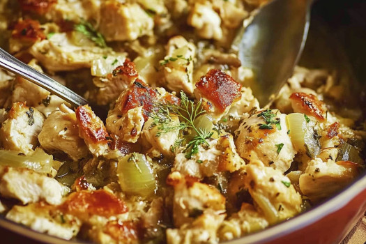 A high-protein chicken casserole with tender chicken, vegetables, and a creamy sauce, baked to golden perfection for a healthy and satisfying meal.