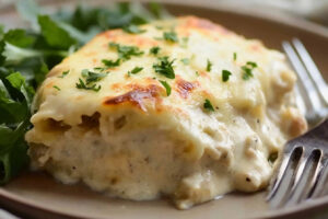 Close-up of a serving of white chicken lasagna with layers of creamy sauce, tender chicken, and melted cheese.