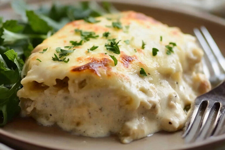 Close-up of a serving of white chicken lasagna with layers of creamy sauce, tender chicken, and melted cheese.