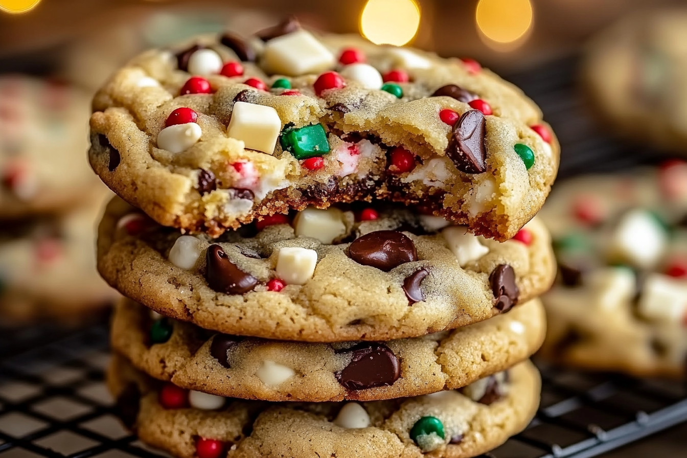 Winter Wonderland chocolate chip cookies decorated with festive sprinkles and white chocolate, perfect for holiday celebrations.