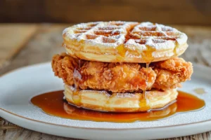 Close-up of a Chicken and Waffle Sandwich with crispy fried chicken, golden waffles, and syrup drizzle.