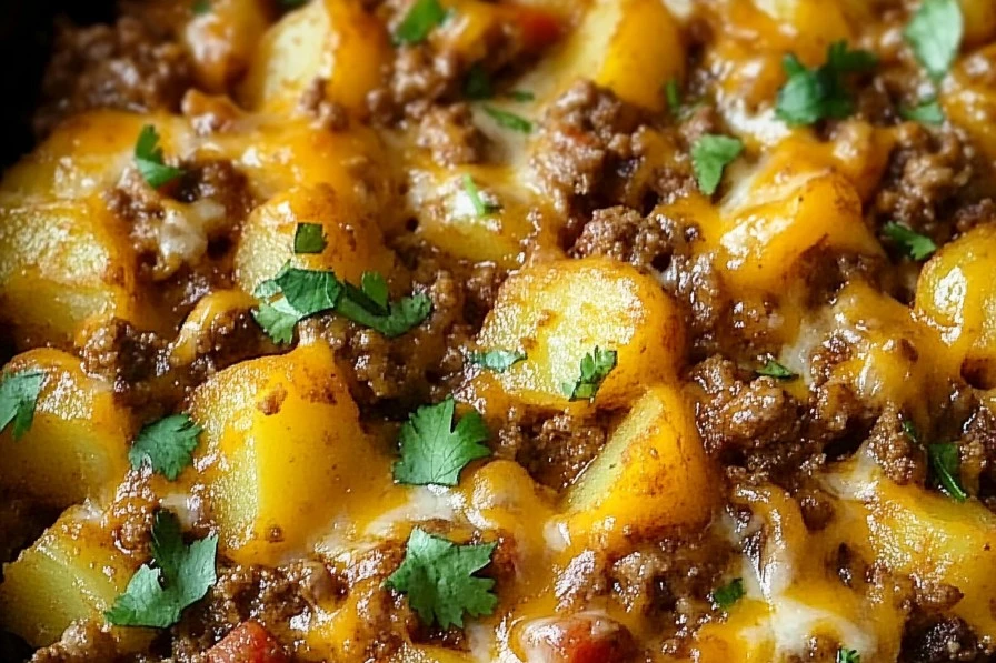 One-pot beef and potato dish with melted cheese on top, served hot in a skillet with fresh herbs.