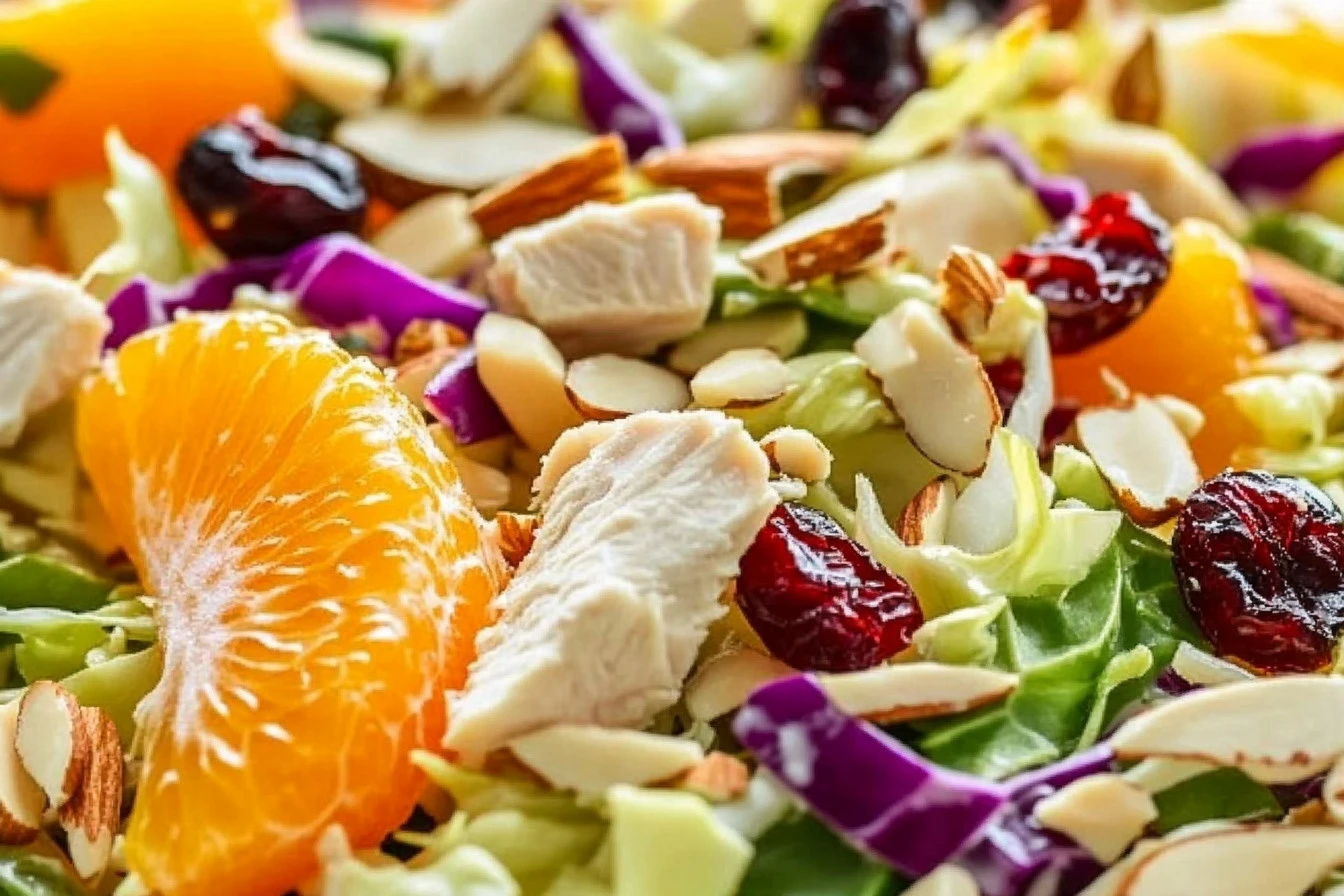 Bowl of chicken coleslaw salad with shredded cabbage, grilled chicken, and carrots, topped with a creamy dressing.