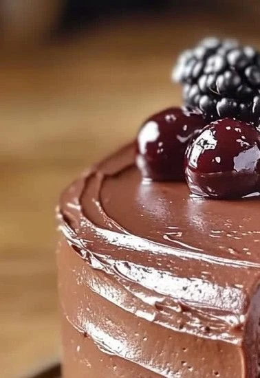 A rich, moist Chocolate Cassis Cake topped with glossy ganache and fresh blackcurrants.