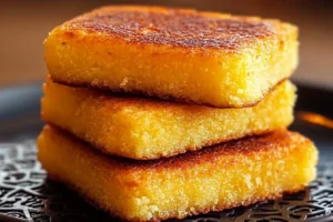 A plate of crispy fried cornbread rounds with a golden-brown crust, served with butter and honey.