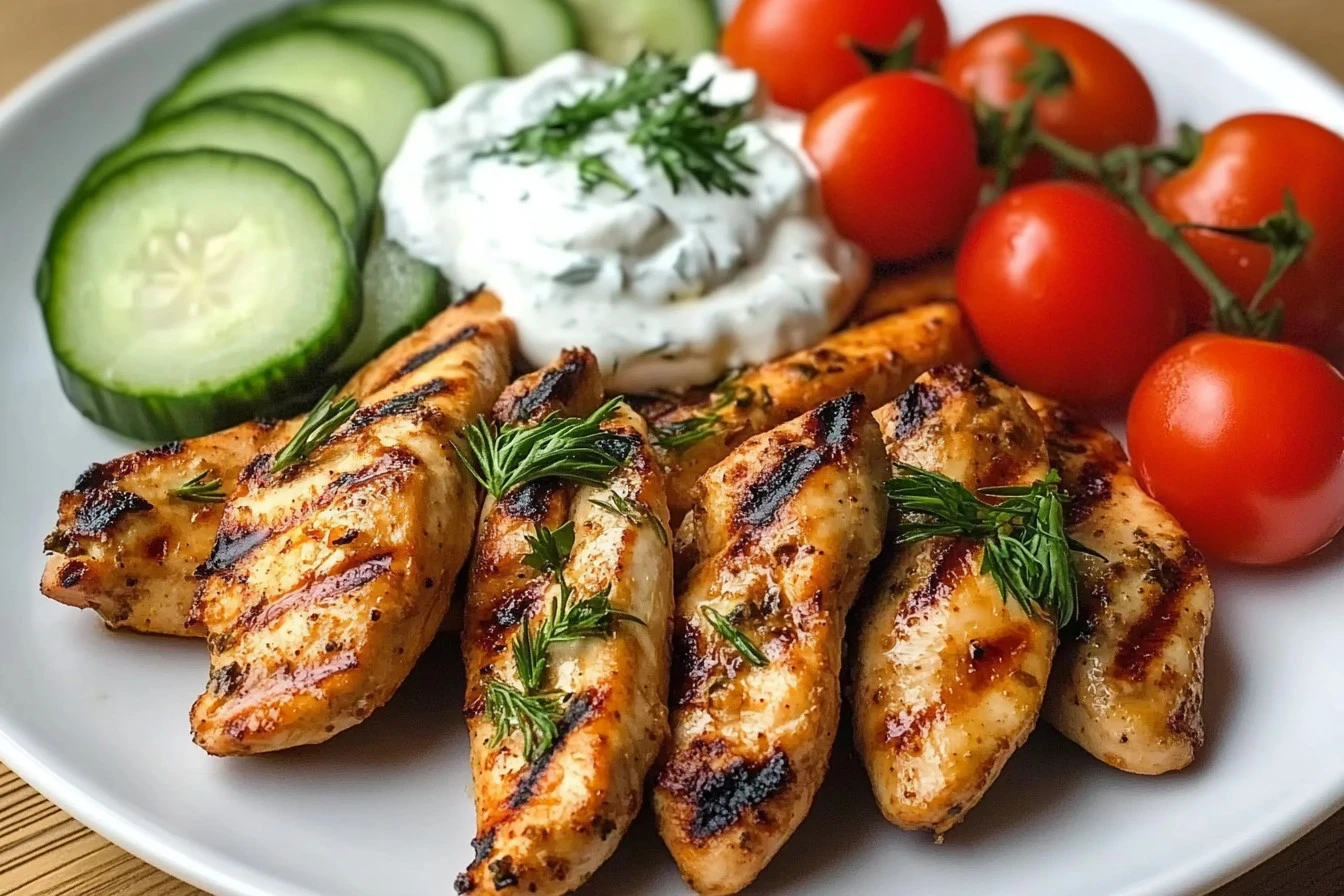 A plate of herb-seasoned grilled chicken served with a fresh cucumber and tomato salad, garnished with parsley.