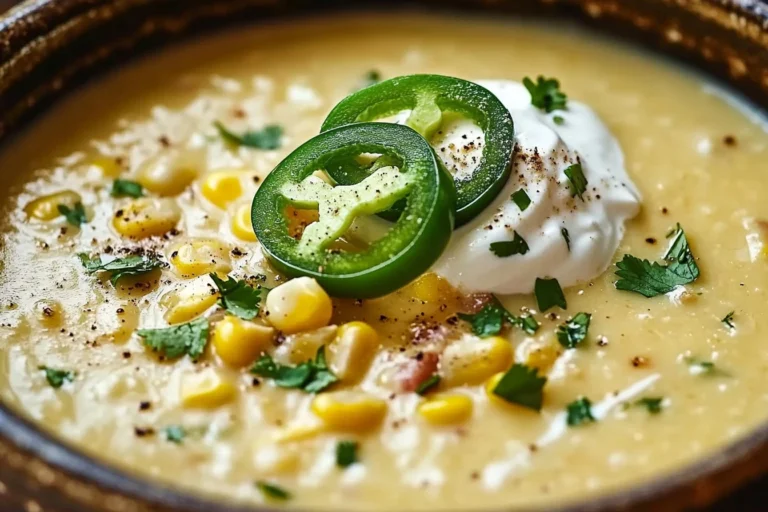Bowl of creamy Mexican Street Corn Soup topped with crumbled cheese, cilantro, and chili powder.