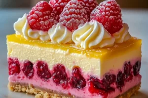 A rich and creamy raspberry white chocolate cheesecake topped with fresh raspberries and white chocolate shavings.