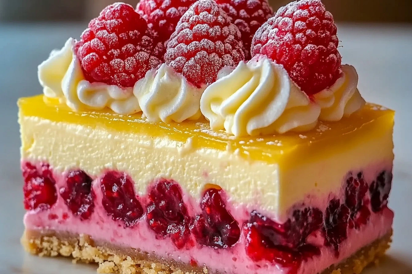 A rich and creamy raspberry white chocolate cheesecake topped with fresh raspberries and white chocolate shavings.