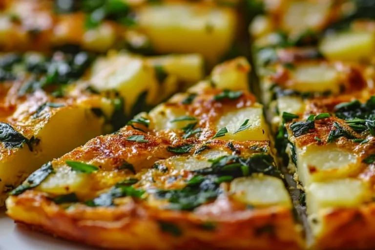 Slice of spinach and potato frittata served on a white plate with fresh herbs.