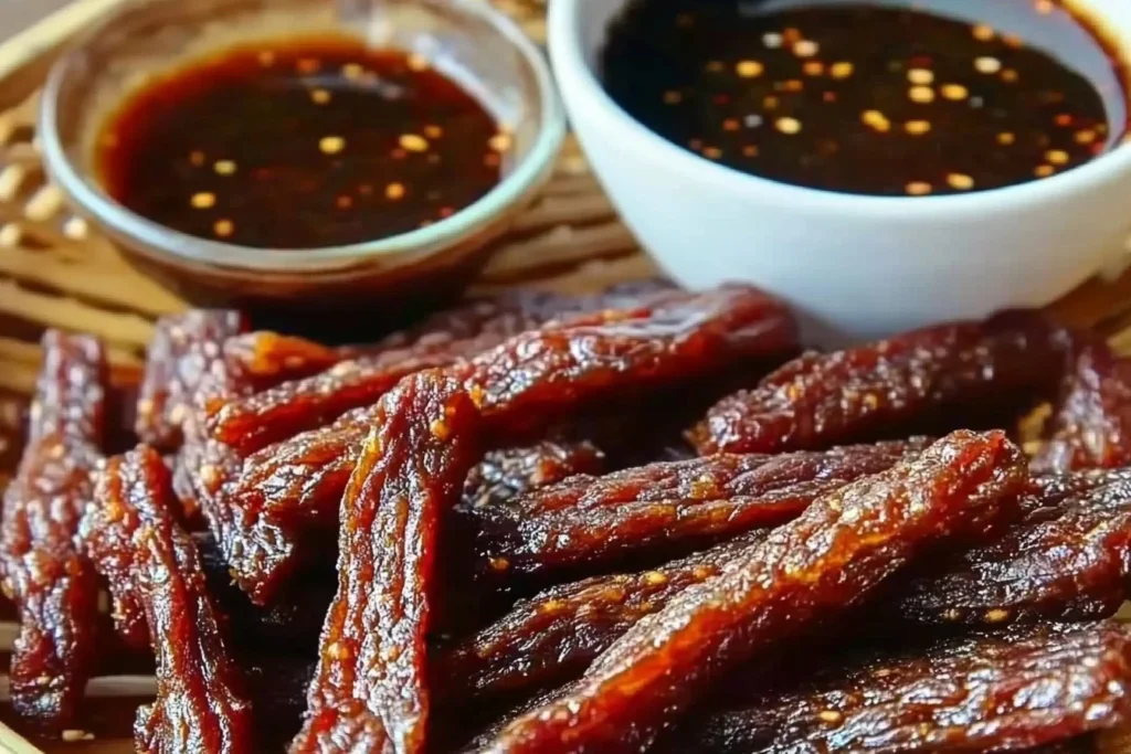 Slices of homemade beef jerky made in the air fryer, displayed on a wire rack with seasoning.
