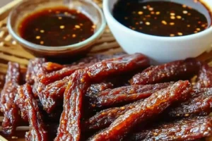 Slices of homemade beef jerky made in the air fryer, displayed on a wire rack with seasoning.