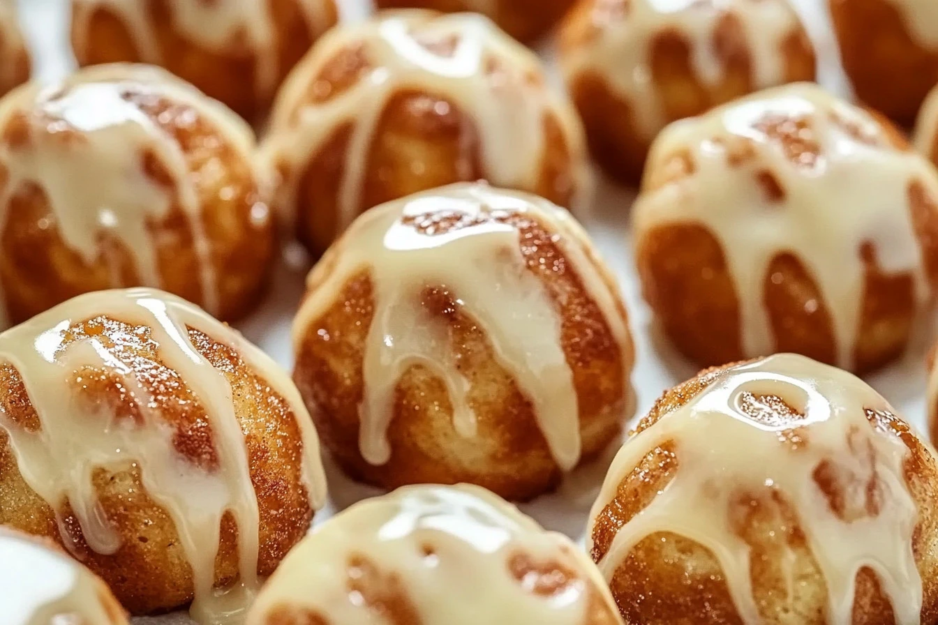 Sourdough discard cinnamon roll bites drizzled with cream cheese glaze